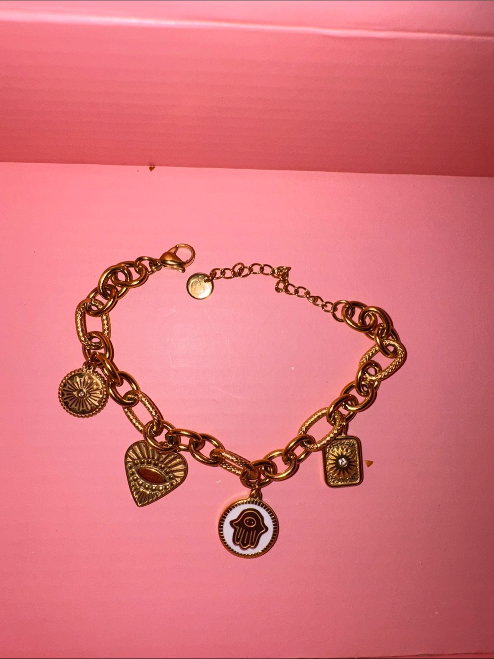 Stainless steel Charm Link Bracelet with Hamsa & Heart Charms - Picture 1 of 4